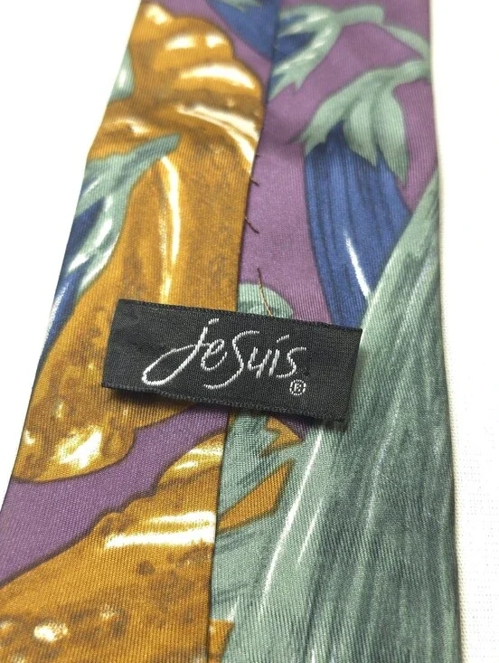 Vintage Je Suis Eggplant Pumpkin Print Silk Tie Purple Blue Gold