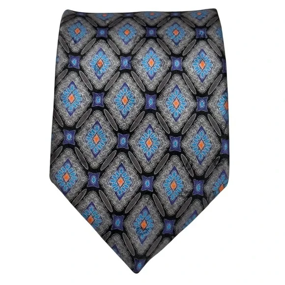 Joseph Bach Necktie Mens Blue Grey Orange Silk Diamond Geometric Medallion