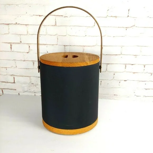Morgan Ice Bucket with Lid Vinyl Covered in Brown with Wood Mid Century MCM