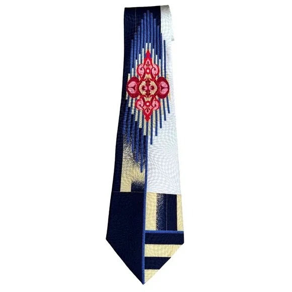 Robert Arnold Mens Silk Tie Navy Blue Geometric Medallion USA 4 Inch art deco