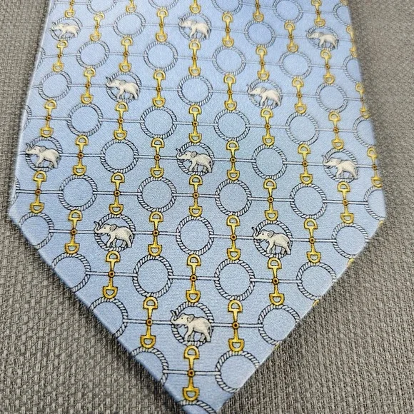 Como House Italy‎ Mens Silk Tie Light Blue Elephant Horsebit Unique Pattern