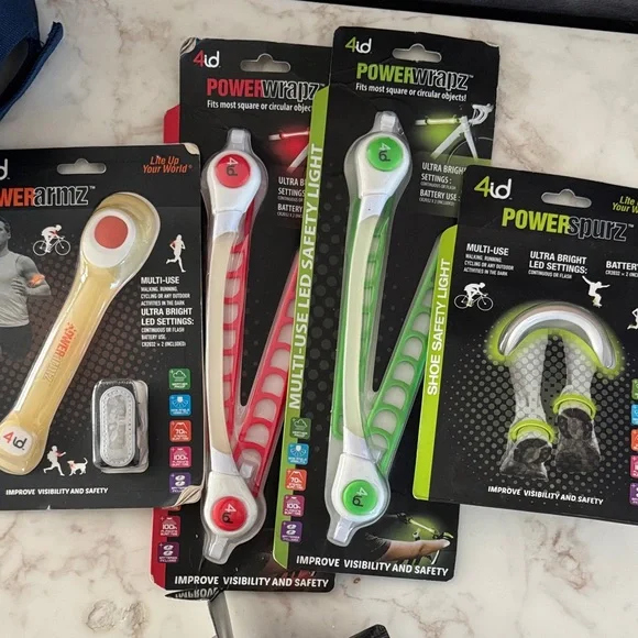 Powerarmz and Powerspurz LED Safety Lights - Red, Green, Yellow glow in the dark