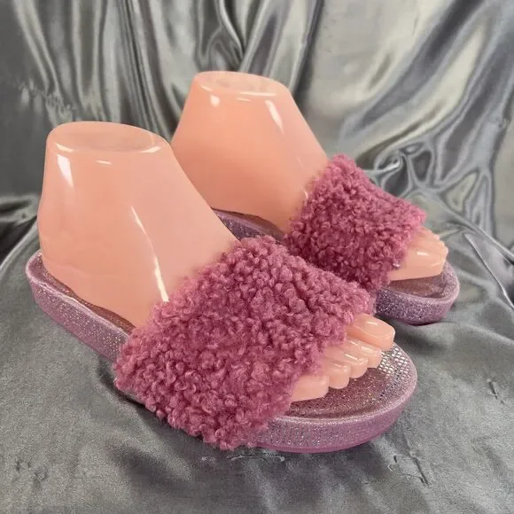 Steve Madden Girls‎ Size 4 Slides Pink Fuzzy Sandals Glitter Sparkles Hearts