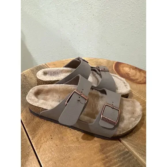Birkenstock Arizona Shearling slide gray girls 1 narrow 32 NEW