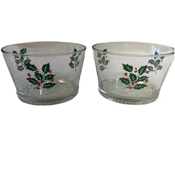 *2* Vintage Christmas Holly & Berries Holiday Serving Bowl / Ice Bucket / Snack
