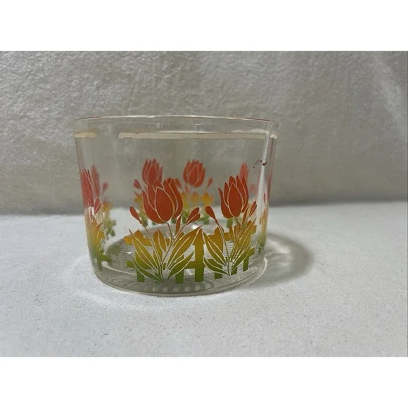 VTG‎ MCM Retro Glass Barware Ice Bucket Bowl Orange Red Yellow Tulip Flower RARE