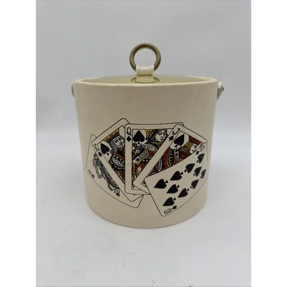 Vintage Kraftware Ice Bucket Cream With Gold Lid And Cards Made In USA