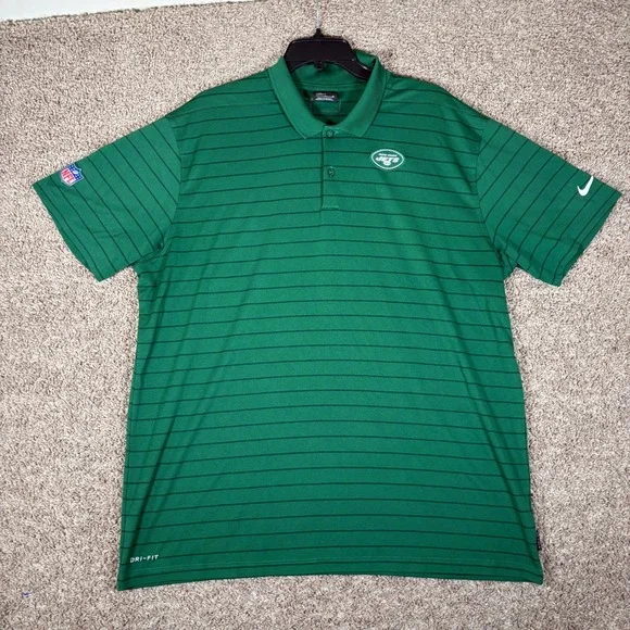 Nike New York Jets NFL Dri-FIT Striped Polo Shirt Mens XL Green Short Sleeve