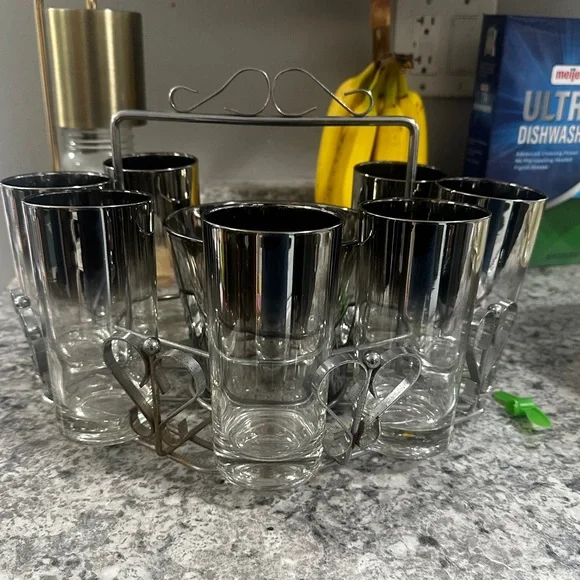 Mid-Century Silver Fade Glassware‎ Set with Caddy & Ice Bucket | 7 Glasses |