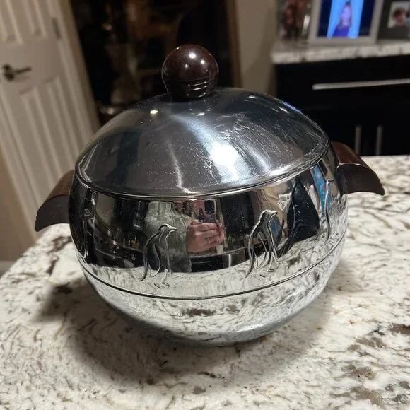 Vintage West Bend Stainless Steel PENGUIN Ice Bucket Wooden Handles