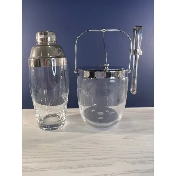 RARE Vintage Shaker & Ice bucket w wheat etching - CFSCFS1 by Craftsman Stemware