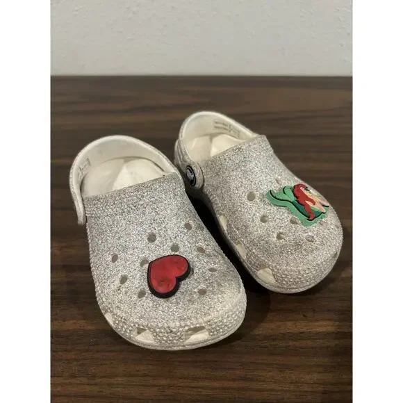Crocs Classic Glitter Clogs Toddler Girls 8 Sparkle White Silver 206992 Charms