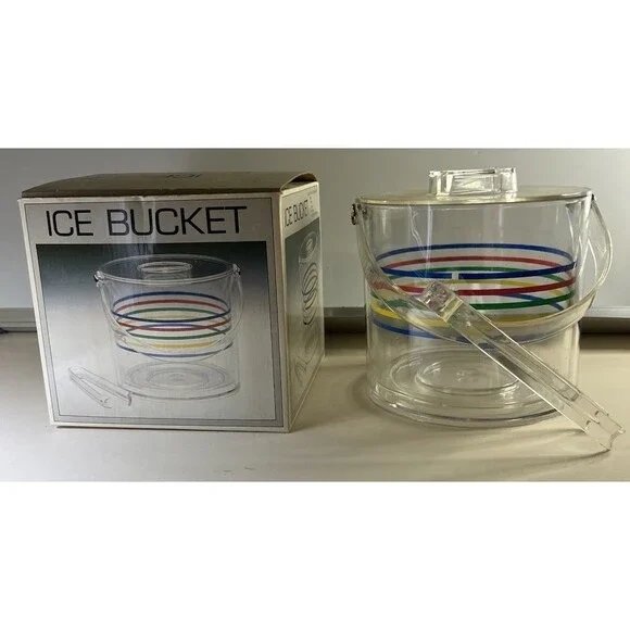 Acrylic IceBucket with Rainbow Stripes Mid-CenturyModern Barware, Box 1980’s VTG