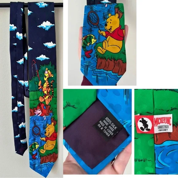 Disney 100% Silk Vintage Winnie the Pooh Characters Fishing Tie