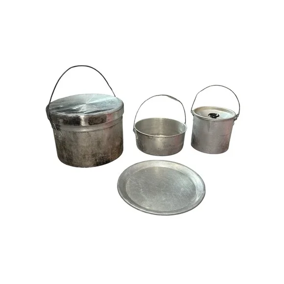 Vintage Aluminum Camping Mess Kit Silver 5 Piece Cookware Set Made in Taiwan