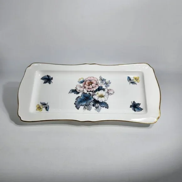 Royal Worcester Bone China Bone Rectangular Serving Tray Floral Design Gold Trim