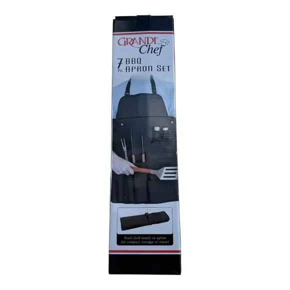 7pc BBQ Grill Tool Set With Apron Grande Chef Barbecue Grilling Utensils Kit NEW