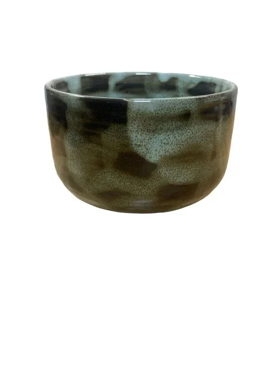 World Market Raku Style Matcha Tea Bowl Art Pottery Glazed Green Brown Glossy