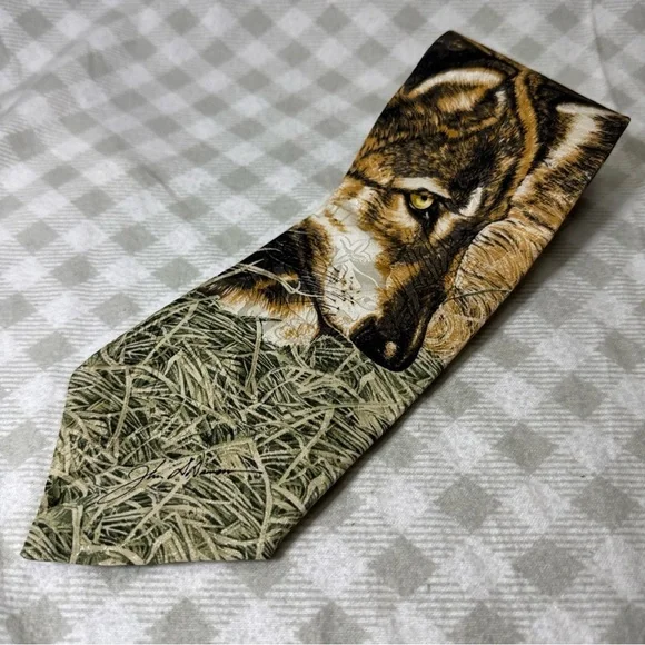 Vintage 1993 Silk Tie Wolf Graphic Endangered Species Made in USA Taking A Break