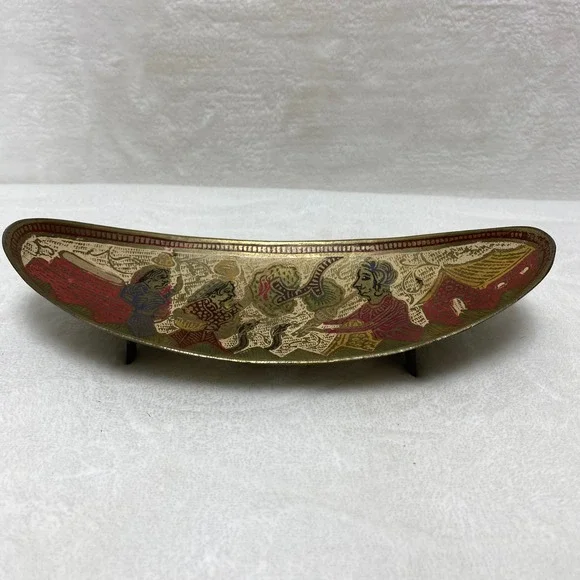 Vintage Decorative Brass Tray Hand Painted‎ Figurines Snake Scene