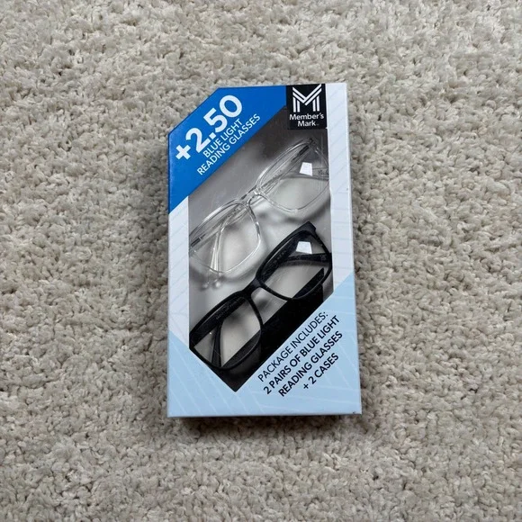 Member's Mark 2 Pairs Blue Light‎ Reading Glasses +250 Strength 2 Cases