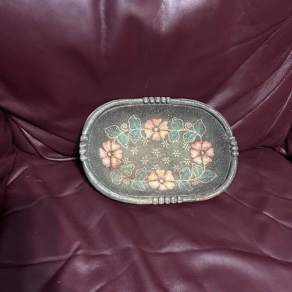 Vintage Hand Carved Wooden Bowl Floral Painted Folk Art Decorative Tray Rustic