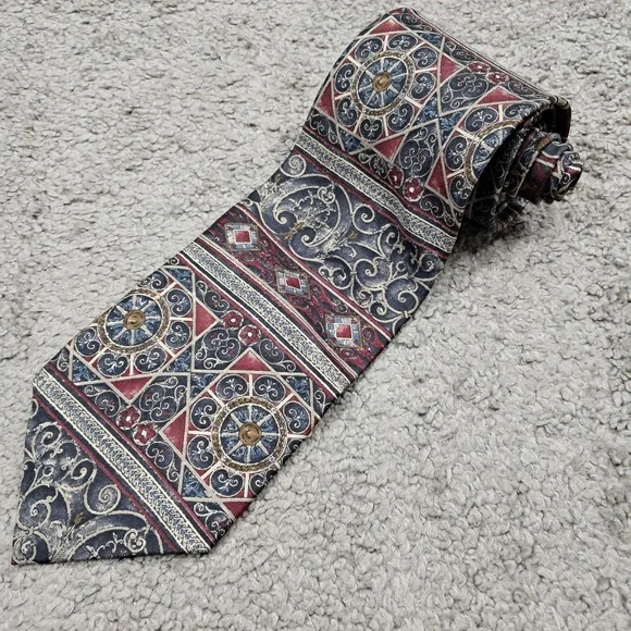 Van Heusen 417 Mens Silk Tie Navy Blue Burgundy Gold Geometric Scroll RN13388