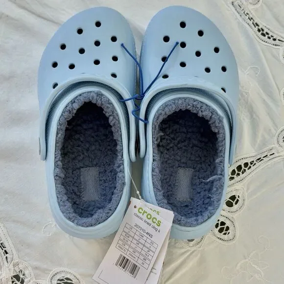 New Crocs Classic Lined Clog Kids J1 Light Blue Fleece Lined Unisex