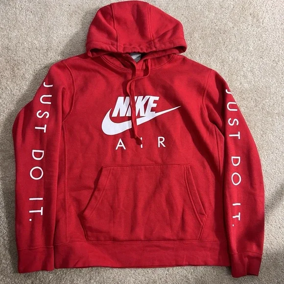 Y2K Nike Air Hoodie Mens Small Red Just Do It Sleeve Graphic Pullover Sweatshirt
