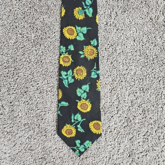 Vtg Britches Great Outdoors Necktie Black Cotton Sunflowers AOP 55