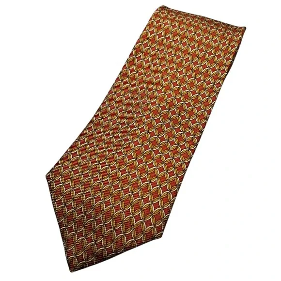 Brooks Brothers Makers Silk Necktie‎ Mens Red Gold Geometric Print Tie Office