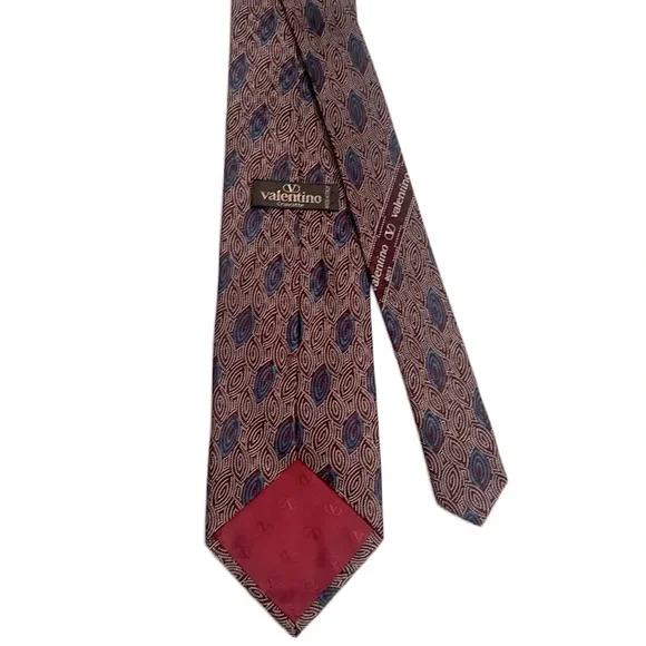 VALENTINO 100% Silk Handmade Designer Tie‎ Maroon Geometric Luxury Retro Necktie