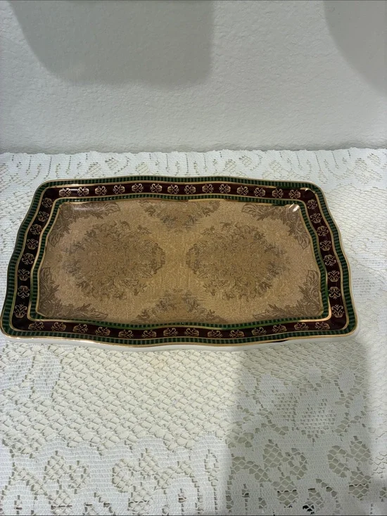 Townhouse Ornate Ceramic Rectangular Vanity Tray - Gold, Green, Burgundy