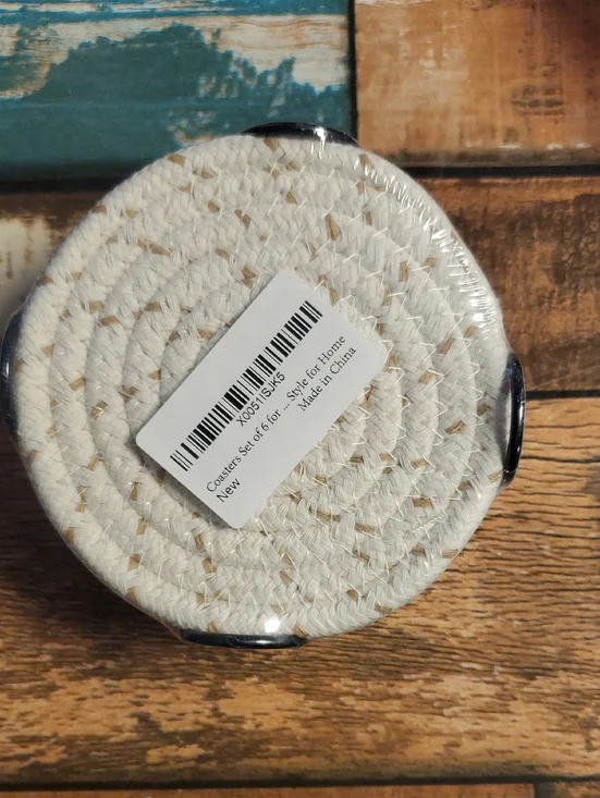 B2G1F Woven Round Coaster Set in Natural White / Brown - Pack of 6 NWT