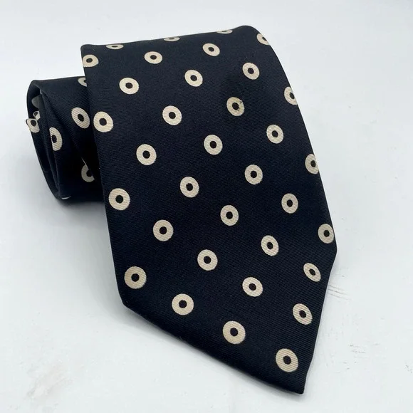 Vintage Christian Dior 100% Silk Necktie 57 Inch Black Bullseye Dots Pattern USA