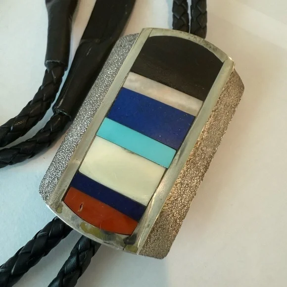 Tony Sanchez Sterling Silver Inlay Bolo Tie Turquoise Lapis Coral