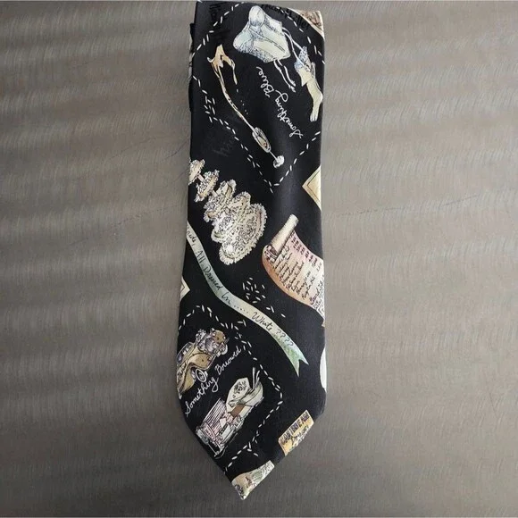 Nicole Miller Vintage 90s Multi Color Black Wedding Bride Groom Motif Silk Tie