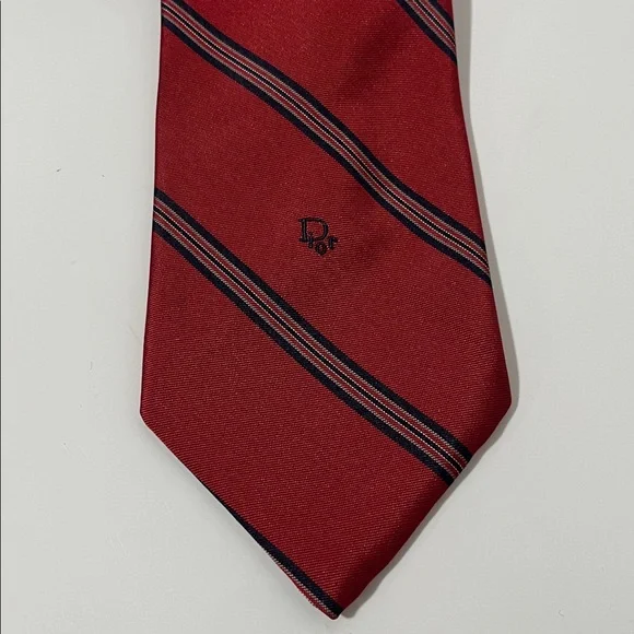 Christian Dior Red w/ Grey & Navy Stripe Tie 58” silk made in the USA