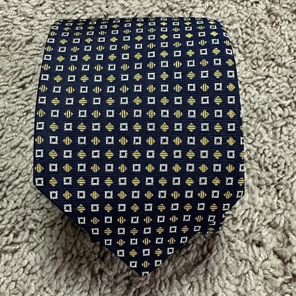 Ralph Lauren Men's Luxury Tie Blue & Gold Geometric 100% Silk 3.50