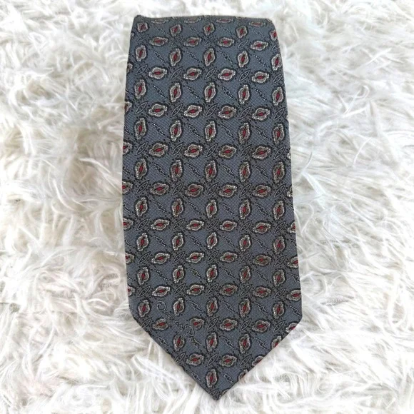 Oscar de la Renta Mens Silk Tie Gray Red‎ Geometric Medallion Pattern Silk Tie