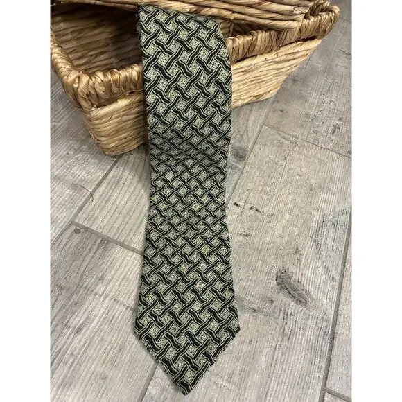 Hugo Boss Men's Silk Tie Green Gold Black Woven Geometric Basketweave Italy