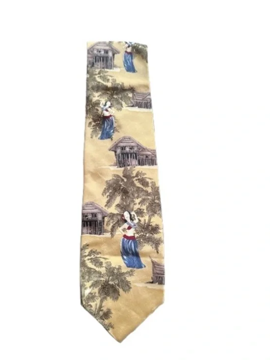 Maldivé Tropical Silk Tie in Mustard Yellow with Green Palm Motif
