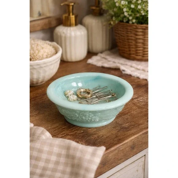 Vintage 70's Avon Aqua Milk Glass Vanity Bowl Floral Trinket Tray Jewelry Dish