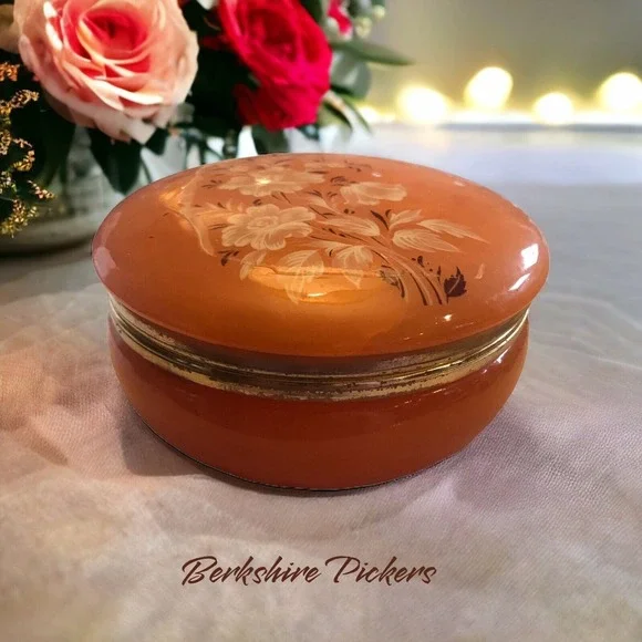 1950s Peach Alabaster Stone‎ Vanity Jewelry Lidded Hinged Dish Powder Box