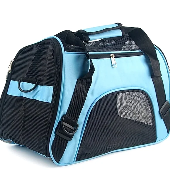SMALL PET TRAVEL CARRIER BLUE & BLACK MESH VENTILATED PORTABLE STORAGE TOTE NWT