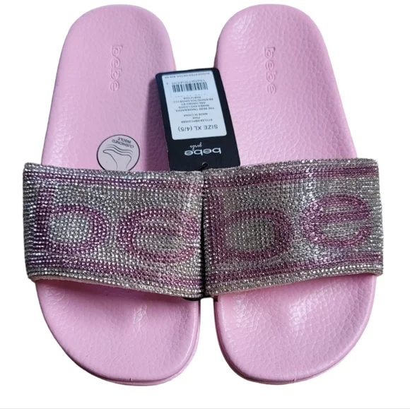 Bebe Girls Light Pink/Silver Rhinestone Logo Slides, Size XL (4/5)
