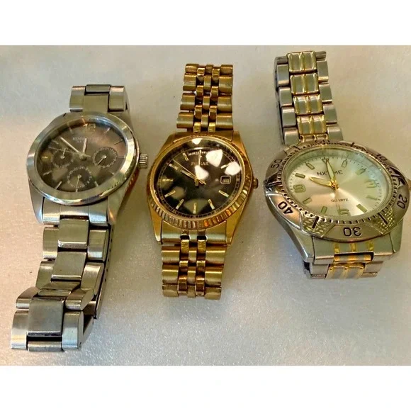 Lot of 3 Men's Quartz Watches NX Time Pulsar Two Tone Day Date Kenneth Cole