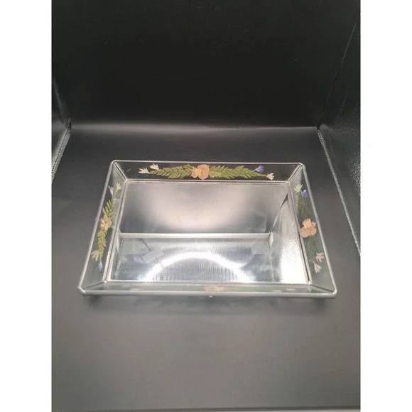 Vintage International Silver Company Glass Handpainted Floral Vanity Tray GUC