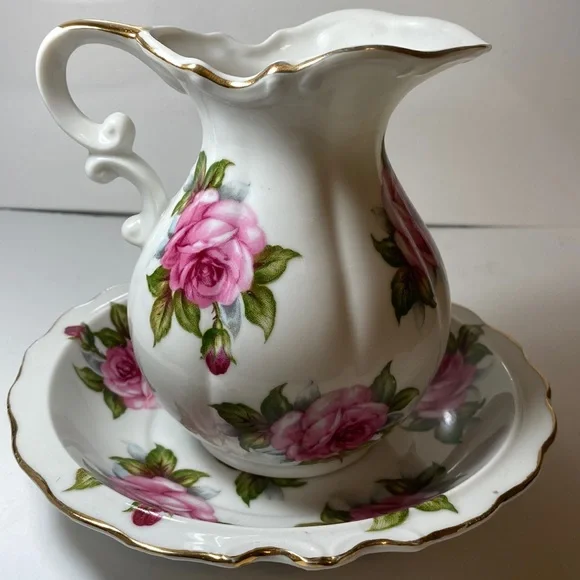 Vintage Norcrest Fine China Water Pitcher & Bowl Handpainted Pink Rose Gold Trim
