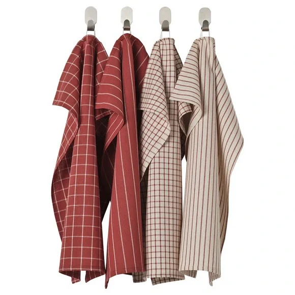 Set of 4 Red and Beige Striped & Checked Kitchen Towels